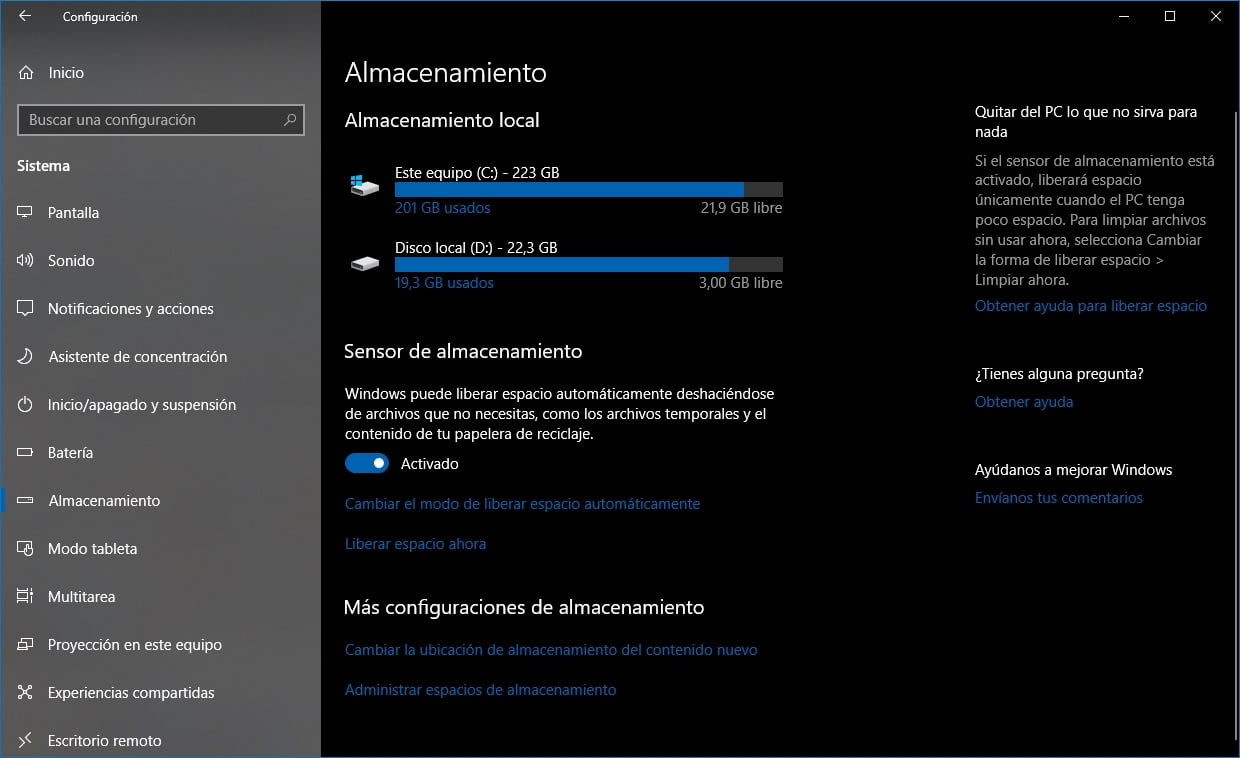 El Sensor de Almacenamiento mejora con Windows 10 October Update