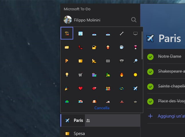 Selector de Emoticonos de Windows 10 en la aplicación de Microsoft To-Do