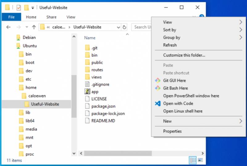 Menú contextual en el Windows Subsystem for Linux desde el explorador de archivos