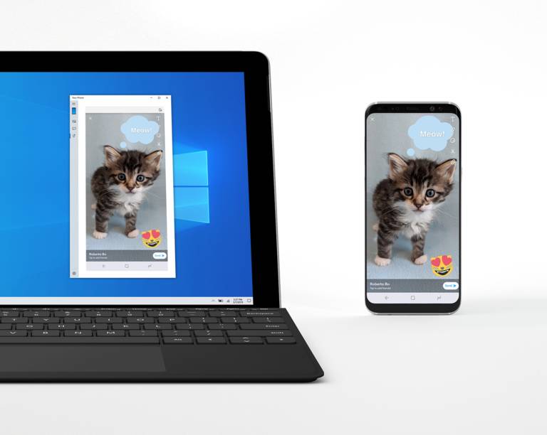 La misma imagen del Samsung Galaxy y el PC en Tu Teléfono en la Build 18356