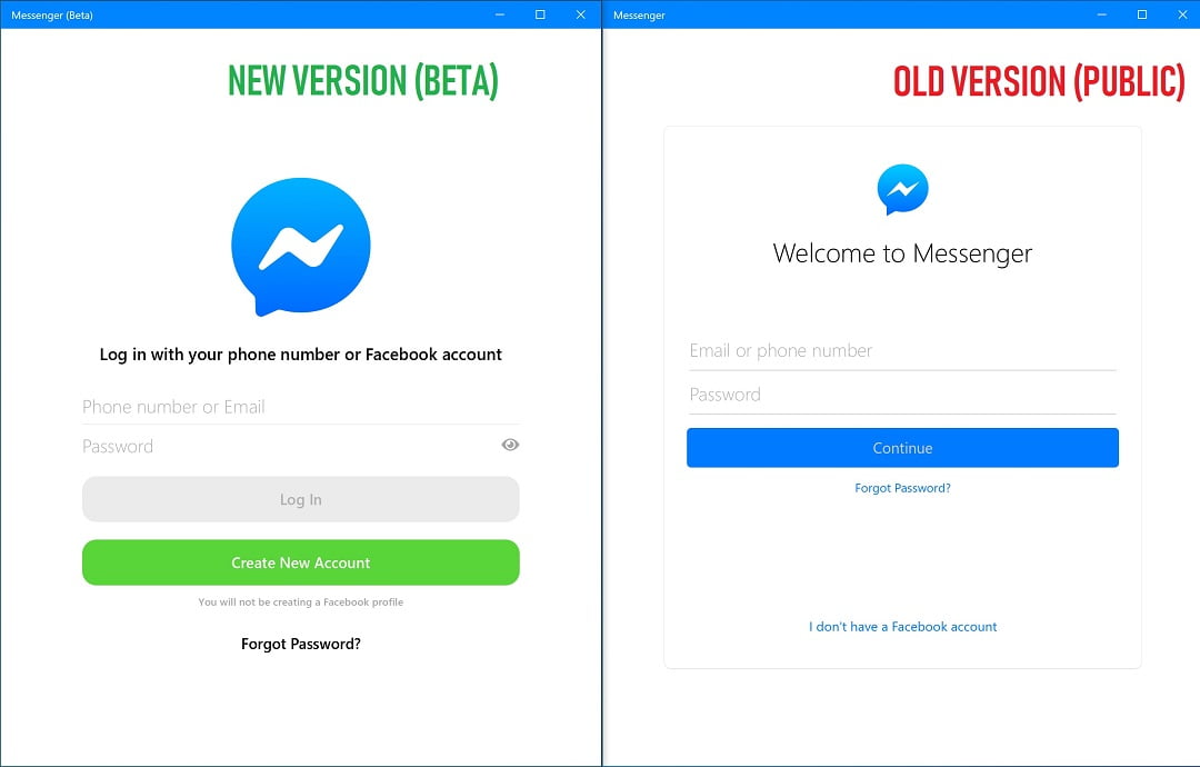 Comparación de las pantallas de inicio de sesión de Facebook Messenger (Beta)