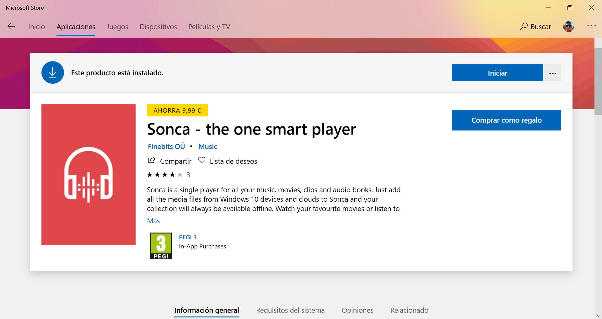 Ficha de la app en la Microsoft Store