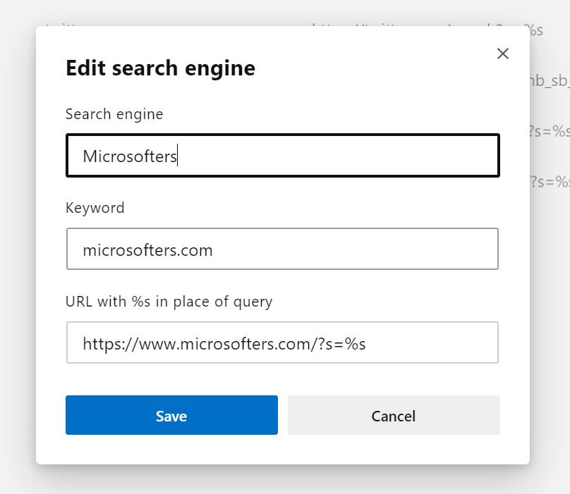 Crear y modificar una palabraclave de un motor de búsqueda en Microsoft Edge Dev