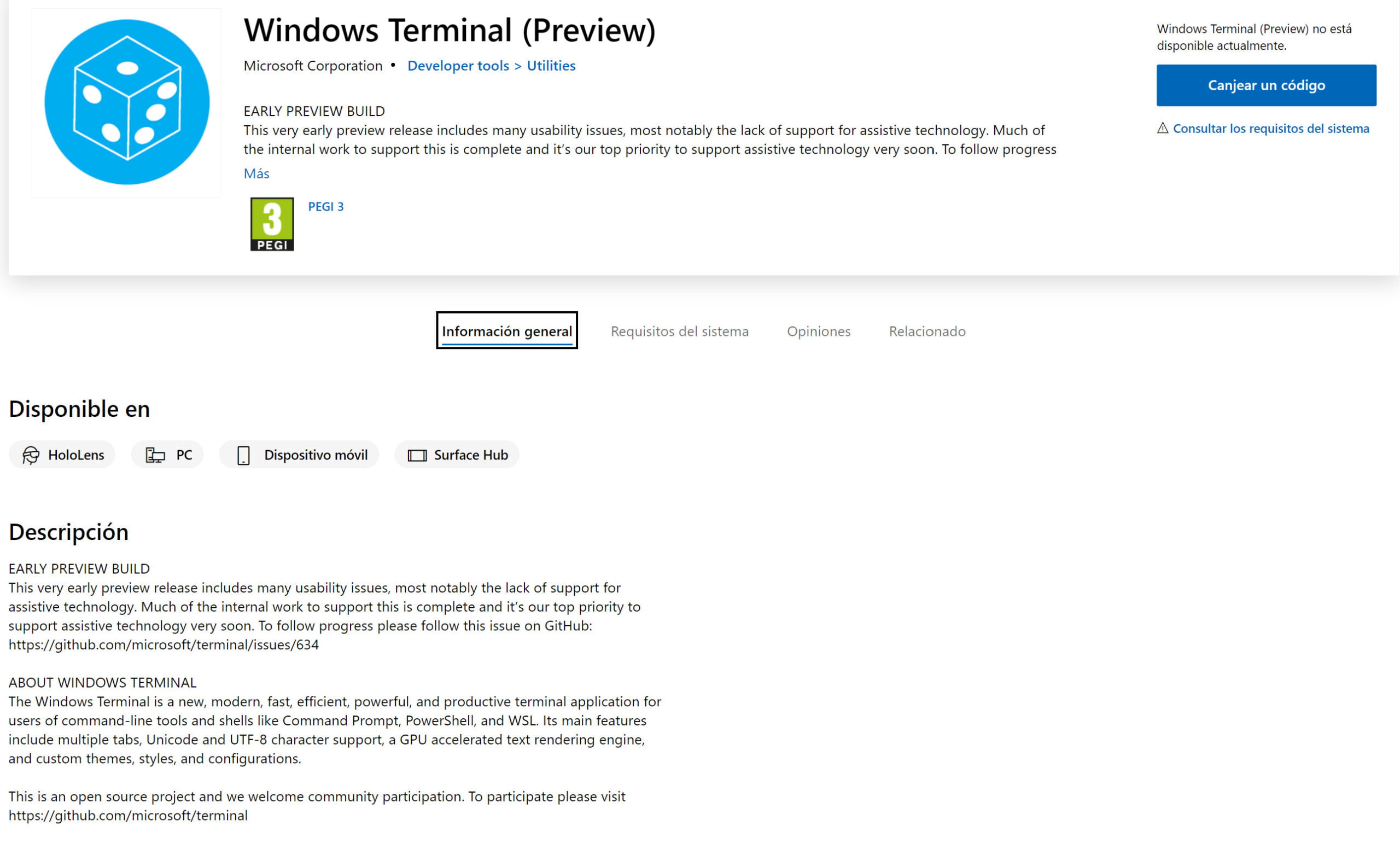 Listado en la Microsoft Store de la WIndows Terminal