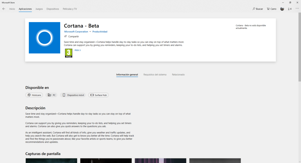 Cortana Beta en la Microsoft Store