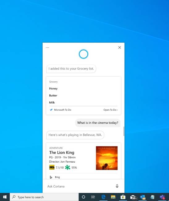 Nueva Cortana dentro de Windows 10 en la Build 18945
