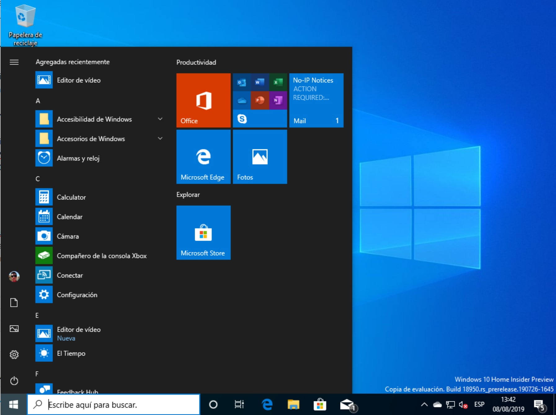 Menú inicio de Windows 10 20H1 con la Build 18950 sin Candy Crush y otro bloatware preinstalado