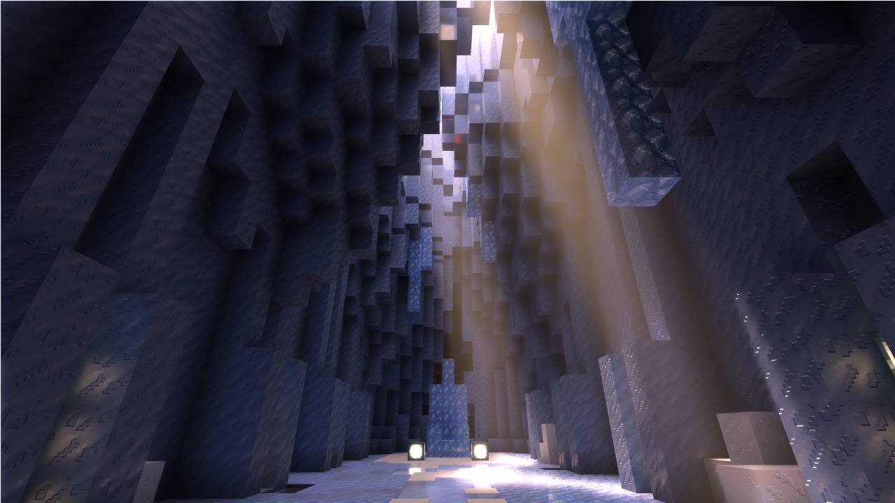 Minecraft con Ray Tracing en una cueva de hielo con poca luz