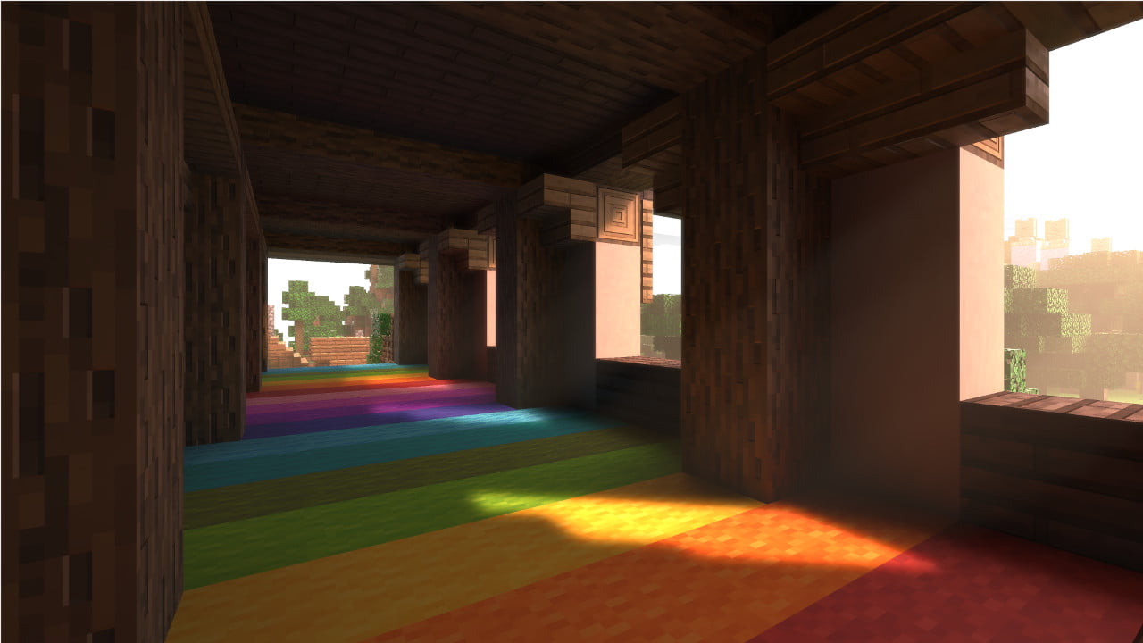 Minecraft con Ray Tracing iluminando una zona cocn colores y paredes de forma más realista