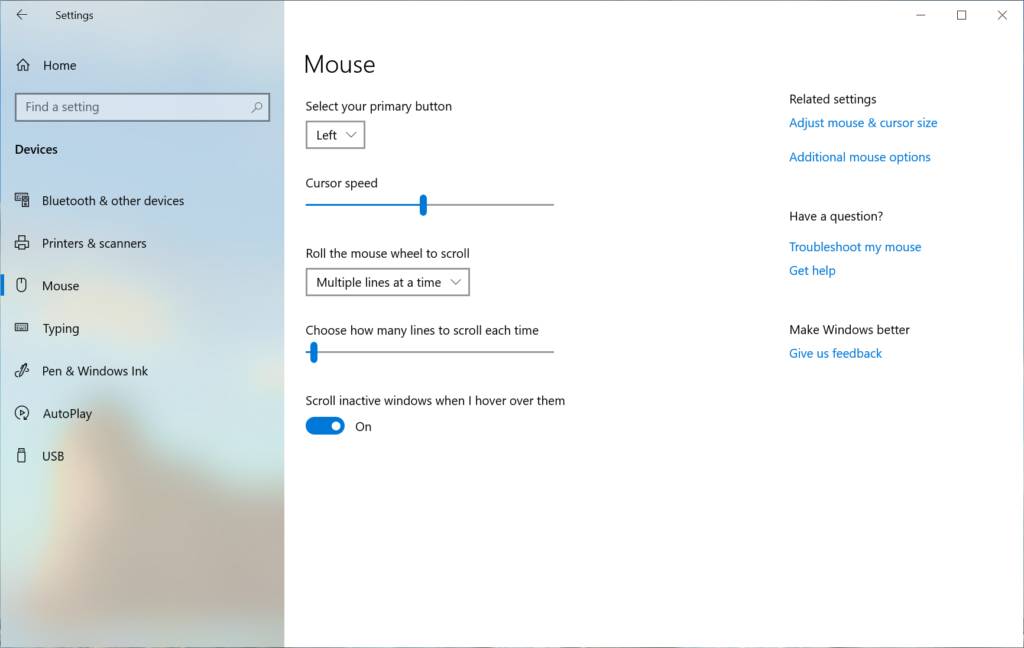 Velocidad del ratón en Configuración de la Build 18963 de Windows 10