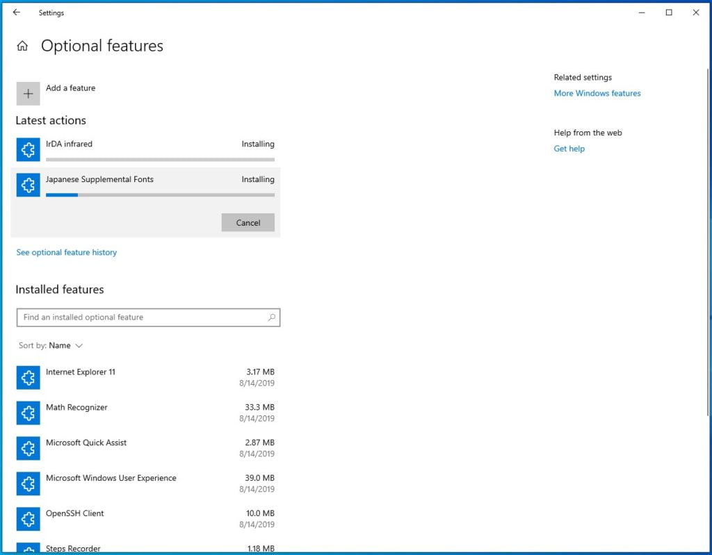 Últimas acciones de las funciones opcionales de Windows 10 Build 18963
