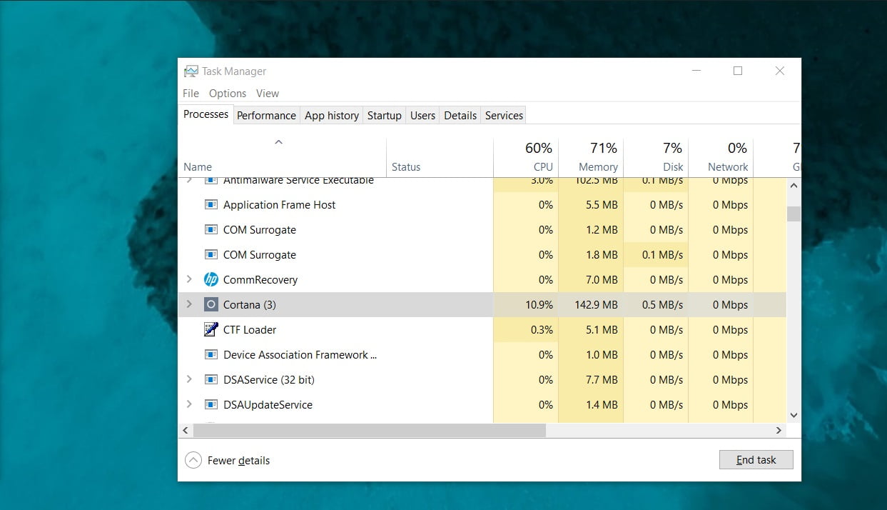Uso alto de CPU y RAM de Cortana en el administrador de tareas