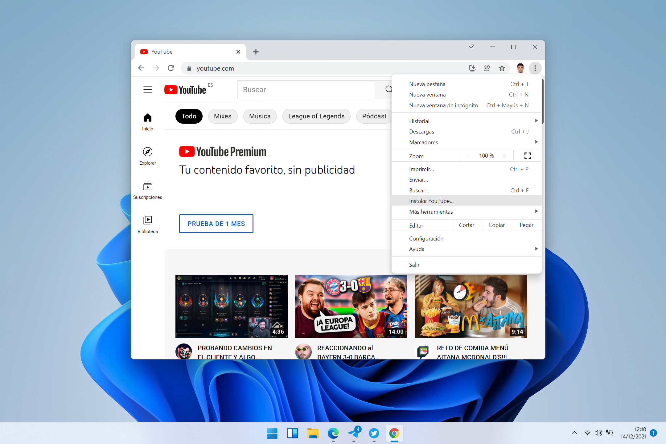 Instalar Youtube como aplicación desde Google Chrome
