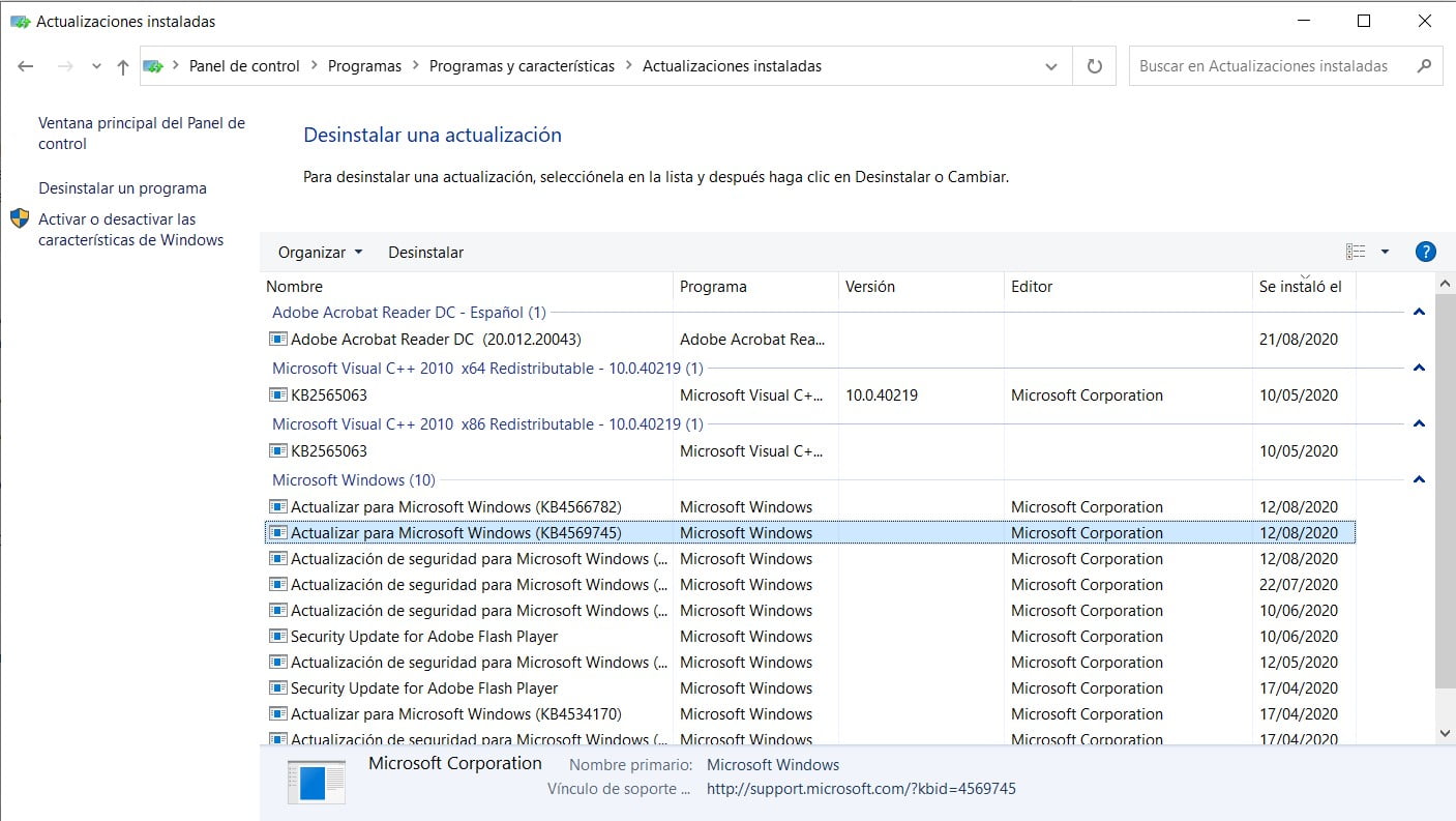 Desinstalación de la actualización de agosto de Windows 10 desde el Panel de Control