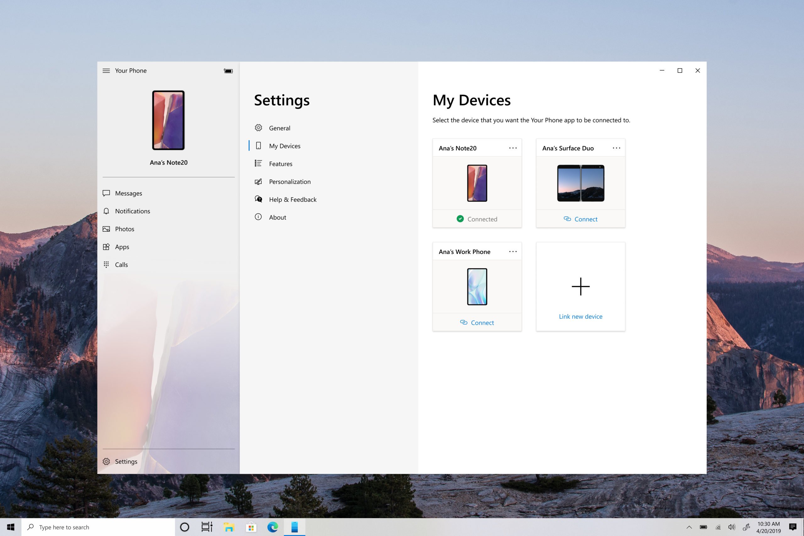Imagen de la aplicación Tu teléfono que muestra la nueva sección de configuración de Mis dispositivos.