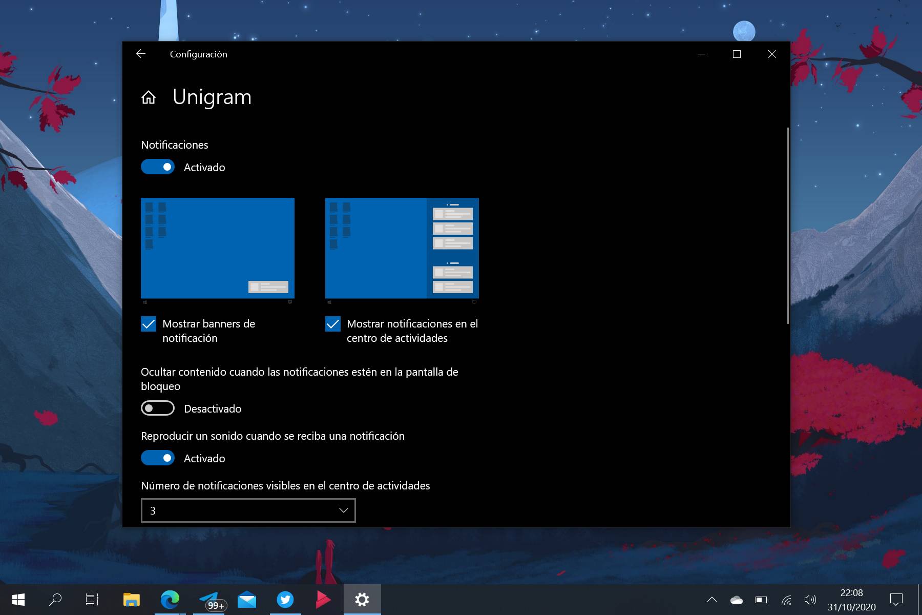configuración de notificaciones de aplicación en Windows 10