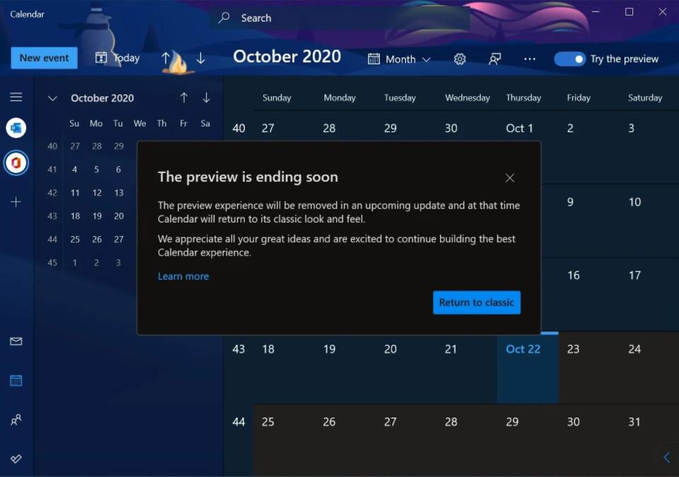Aplicación preview de Calendario de Windows