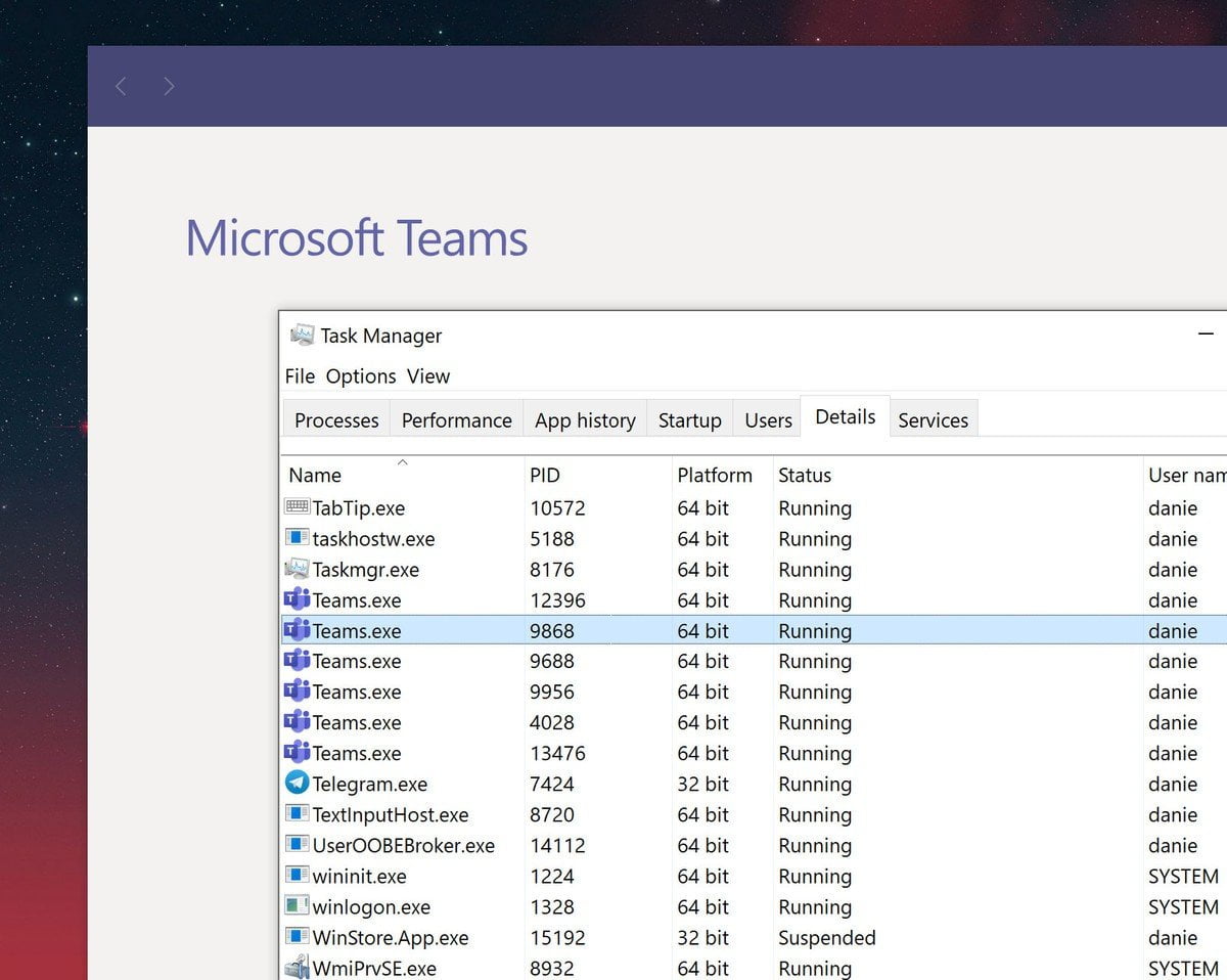 Microsoft Teams aparece en el administrador de tareas como app ARM64