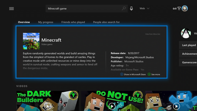 Búsqueda de Minecraft en la nueva app de Bing para Xbox