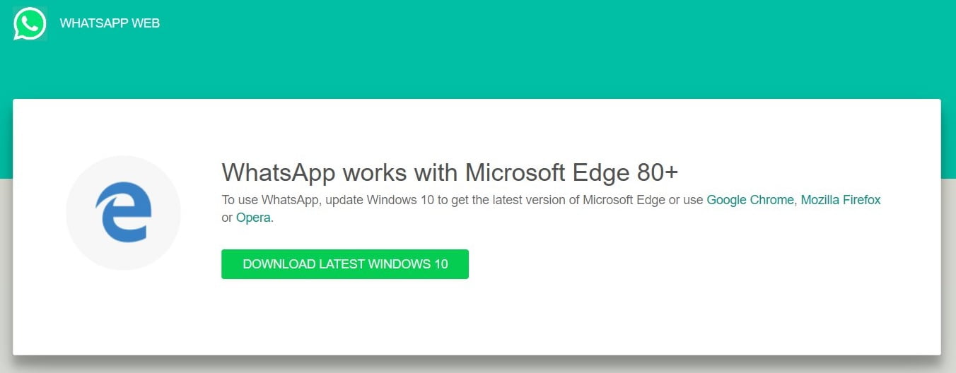 Mensaje de fin de compatibilidad de WhatsApp Web con el viejo Microsoft Edge