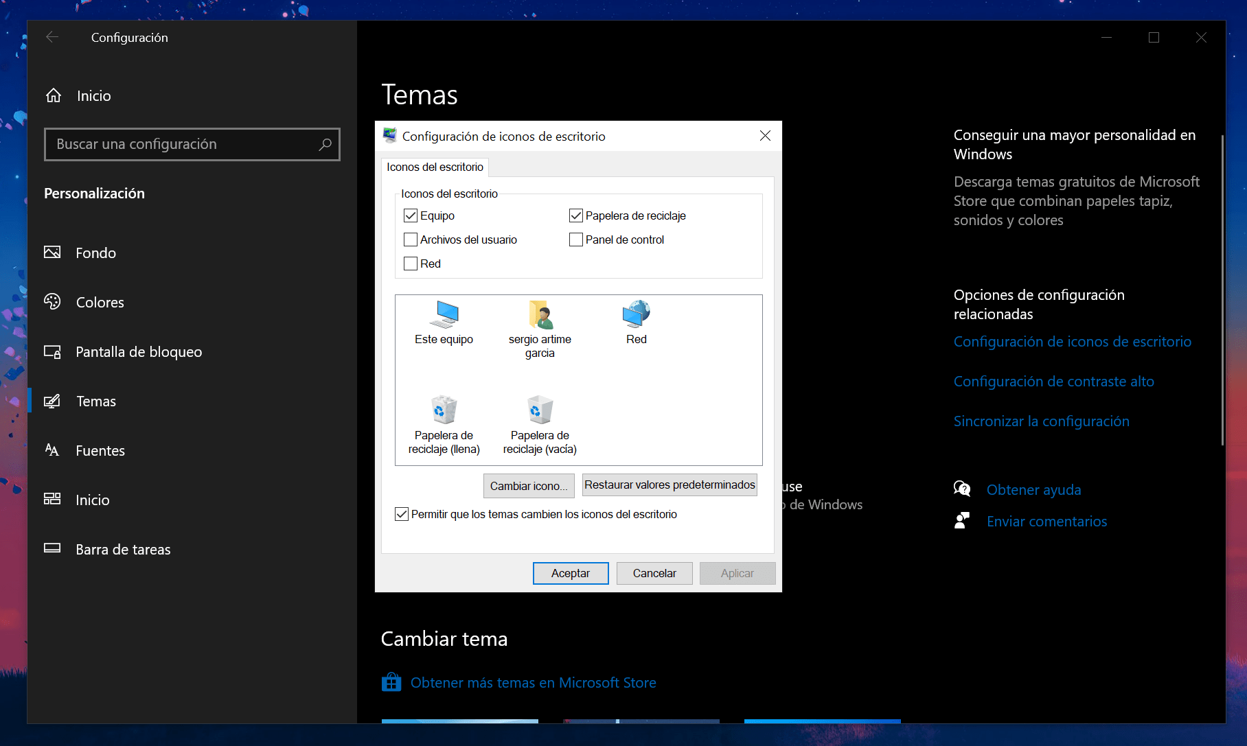 Así se muestra la configuración de iconos en Windows 10