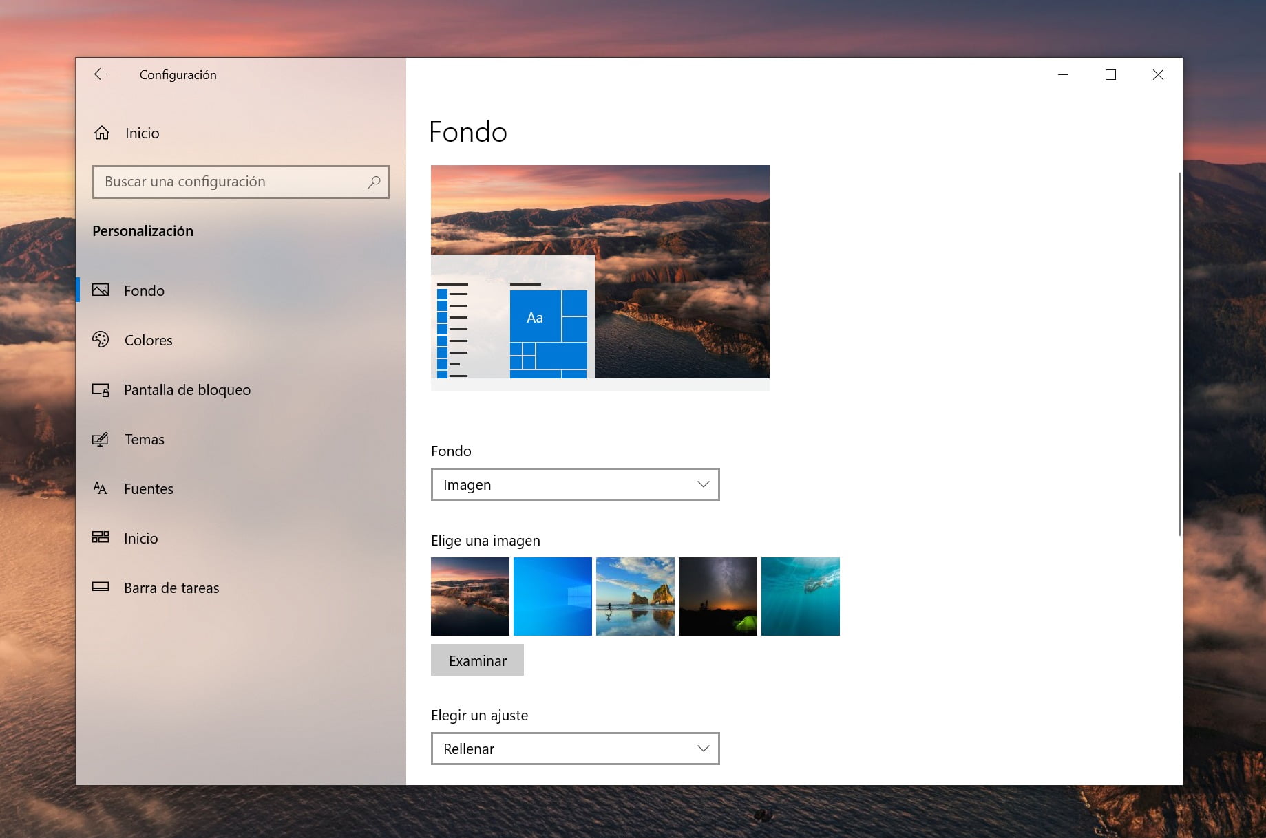 Apartado de Personalización de Windows 10