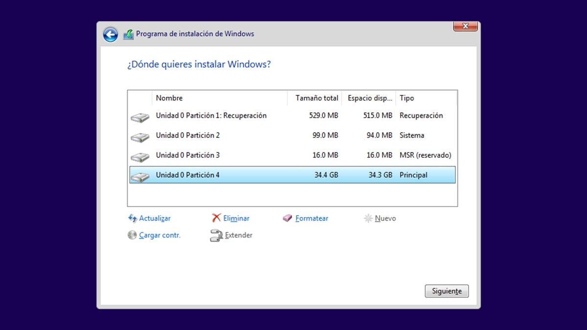 Lista de particiones en la instalación de Windows 10