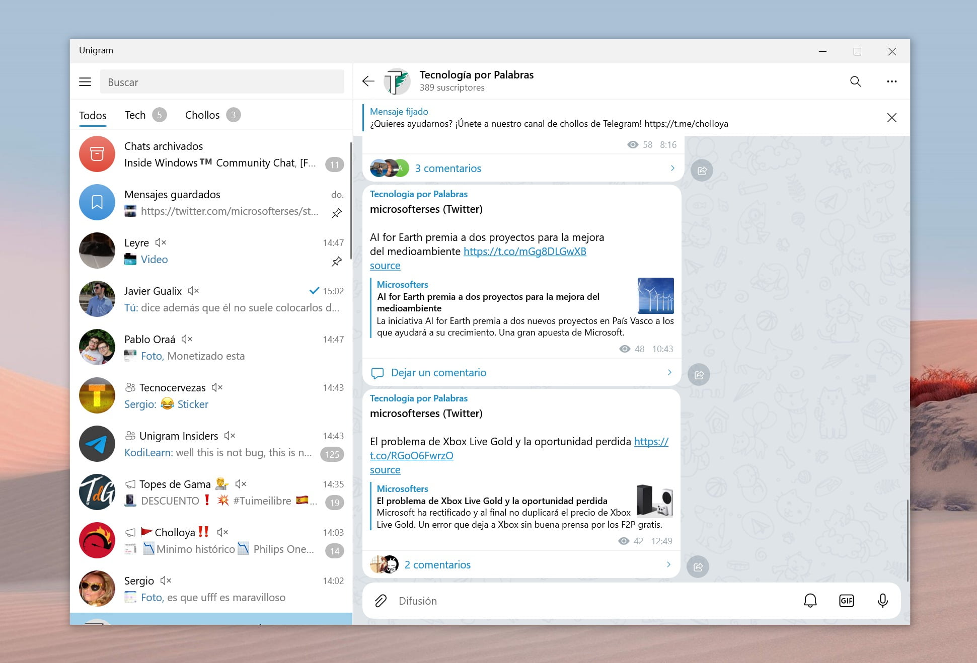 Interfaz de Unigram, el cliente de Telegram para Windows 10