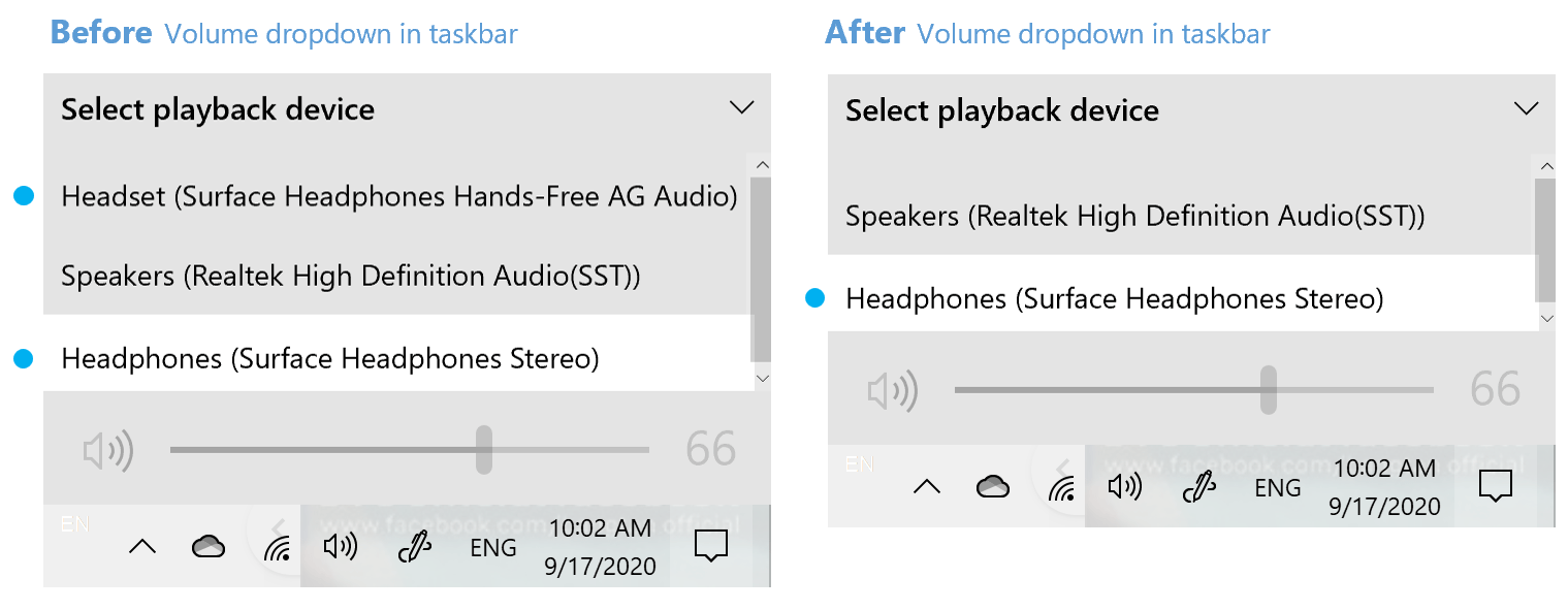 Nuevo menú desplegable Seleccionar dispositivo de reproducción en la barra de tareas para Bluetooth