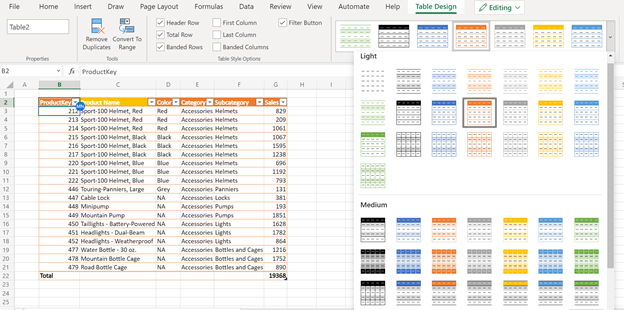 Estilos de tabla Excel Web