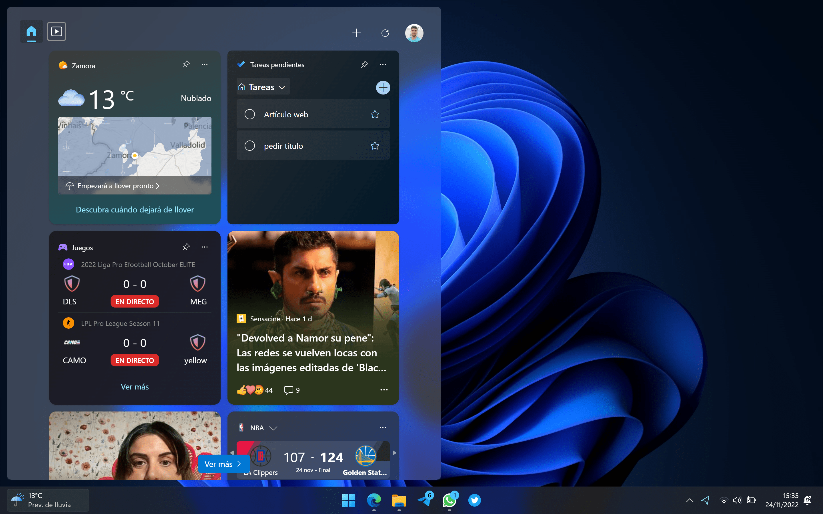 Widgets de Windows 11 en modo oscuro