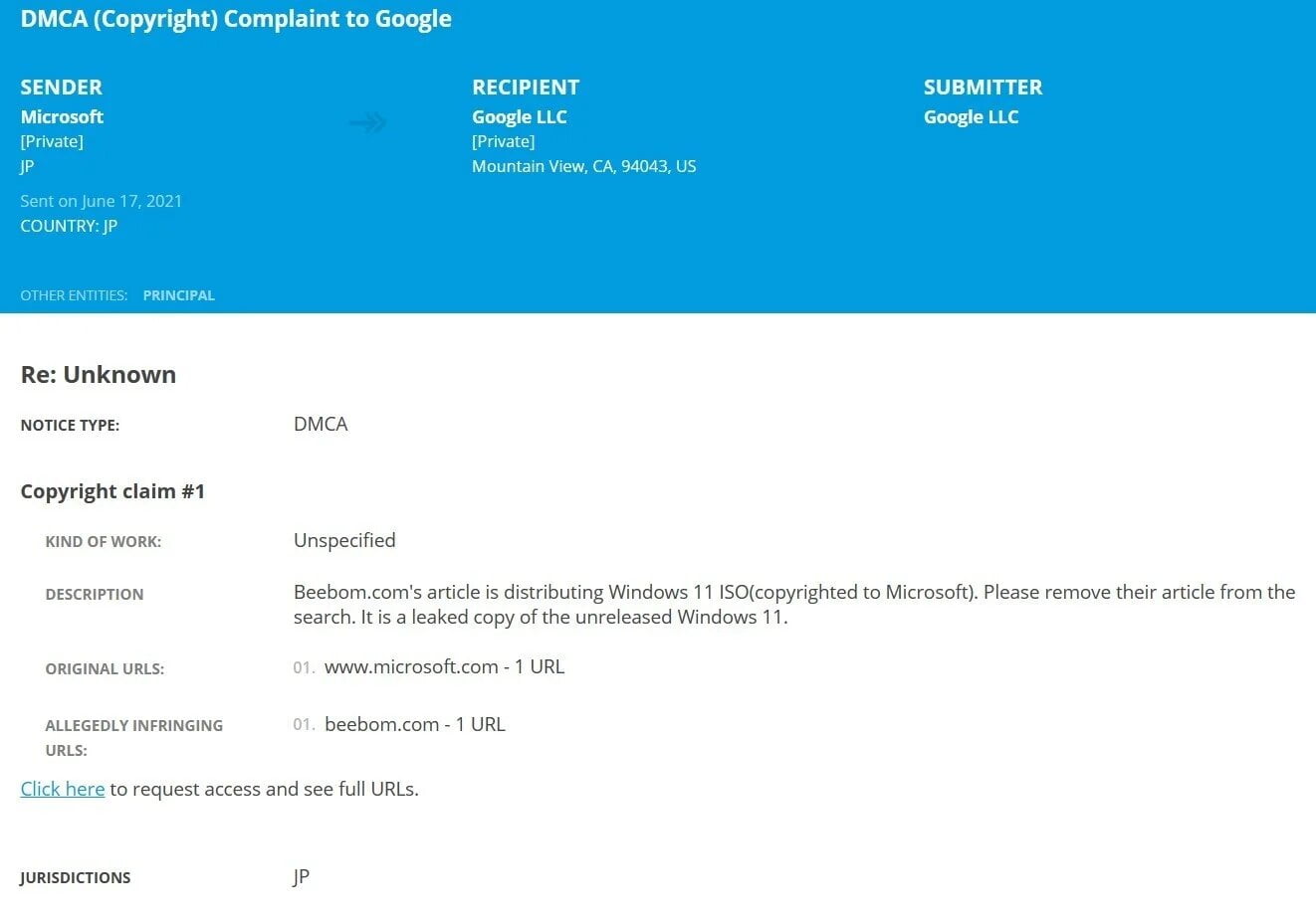 Reclamación DMCA contra Microsoft
