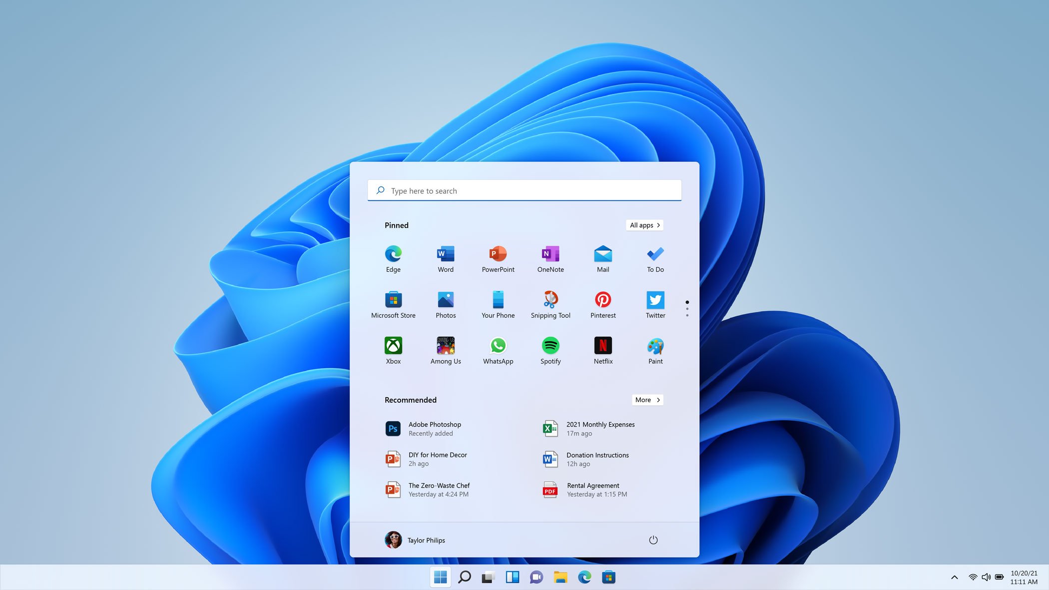 Windows 11 Start Menu in clear theme