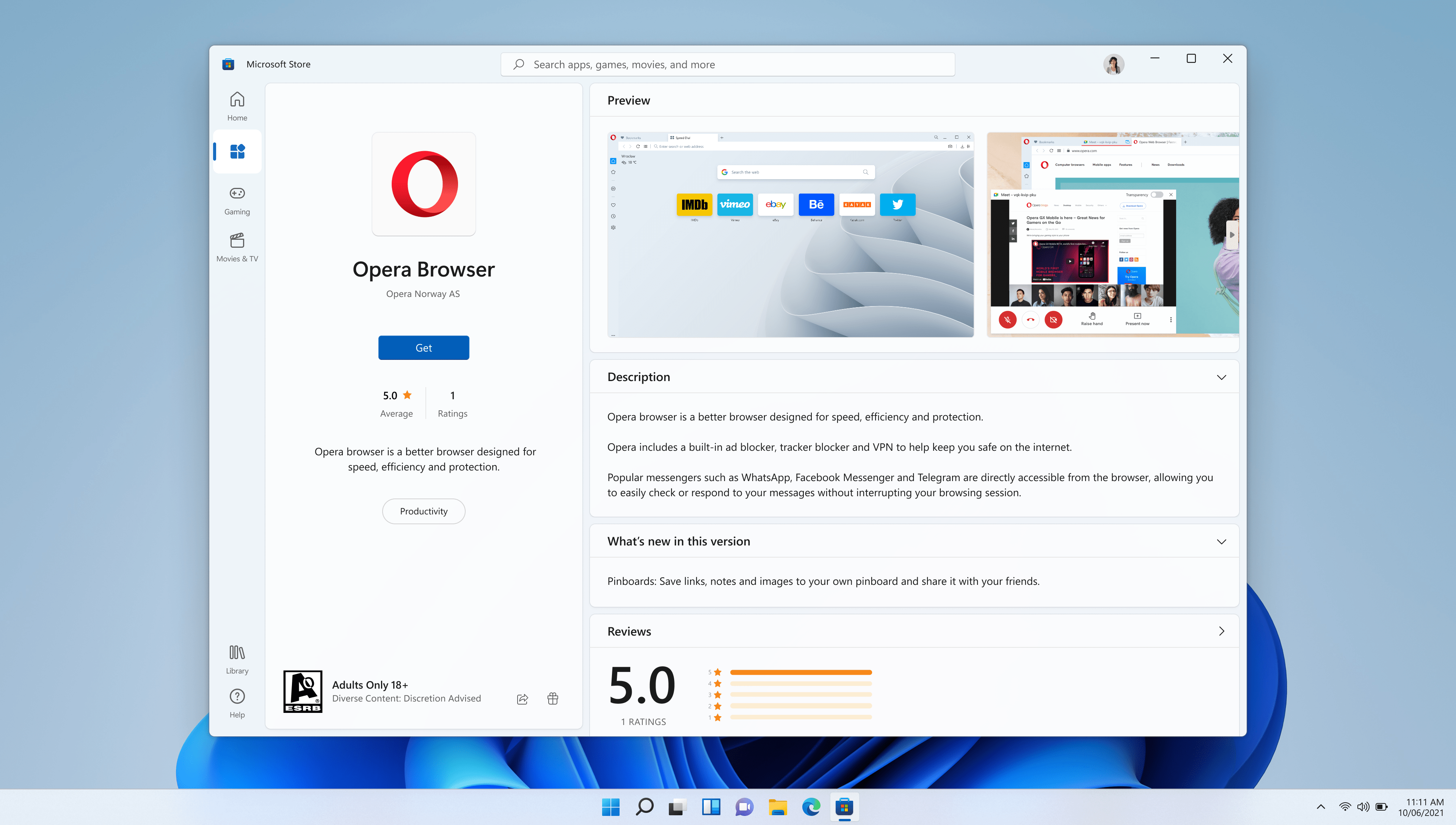 El navegador Opera en la Microsoft Store