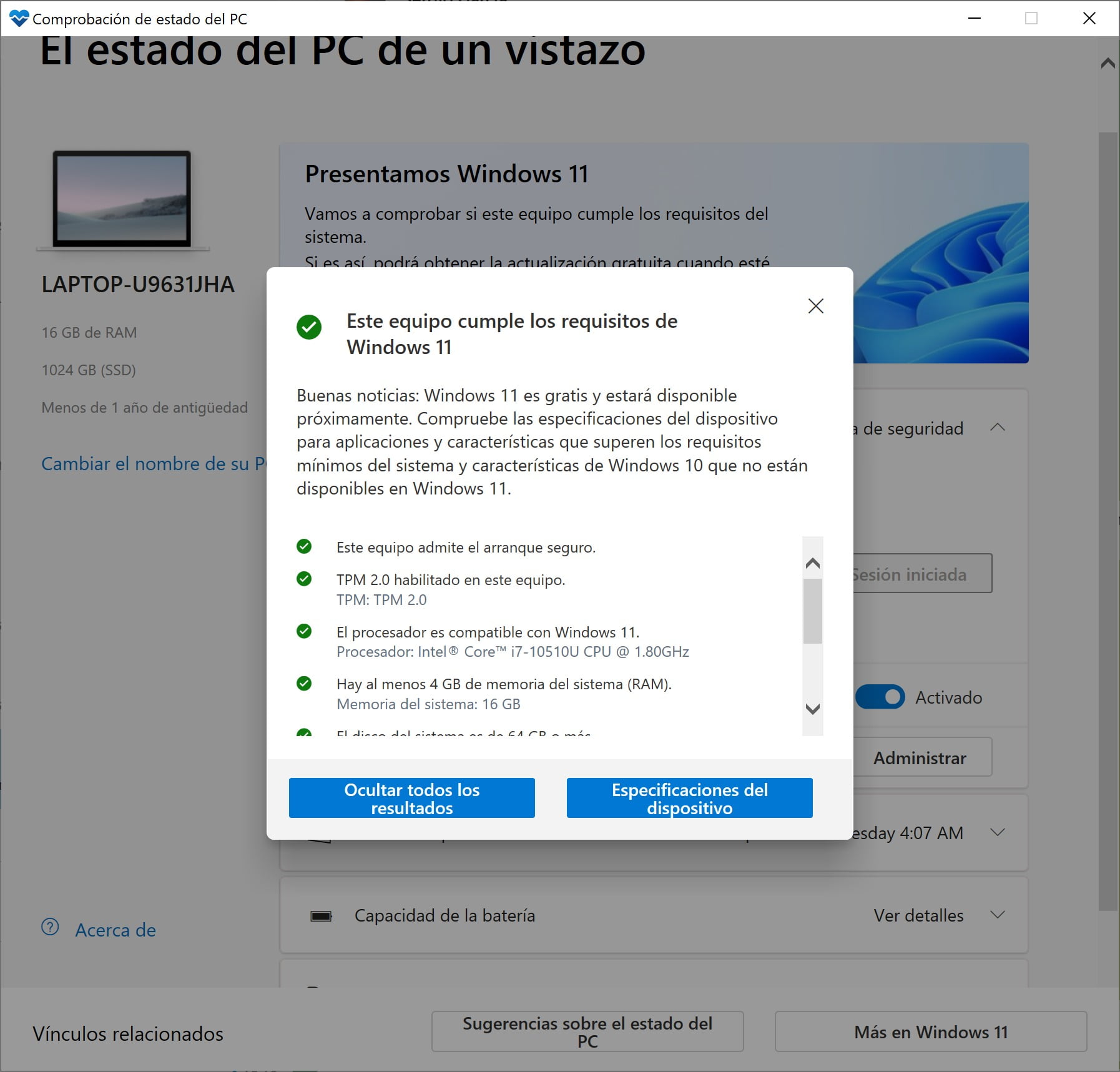 Un PC compatible con Windows 11 según Windows PC Health Check