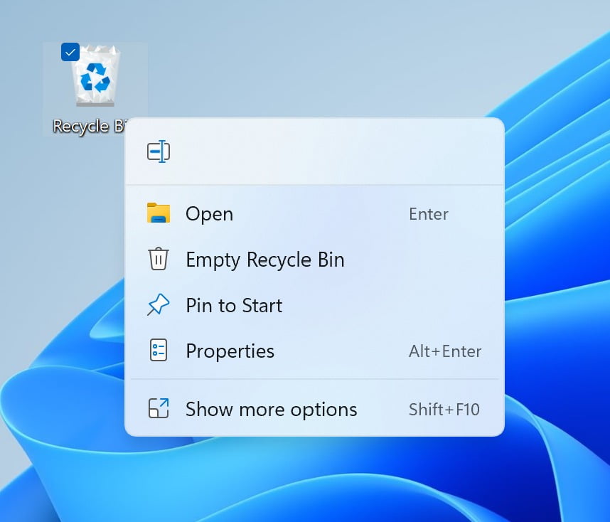 New right-click menu in the trash