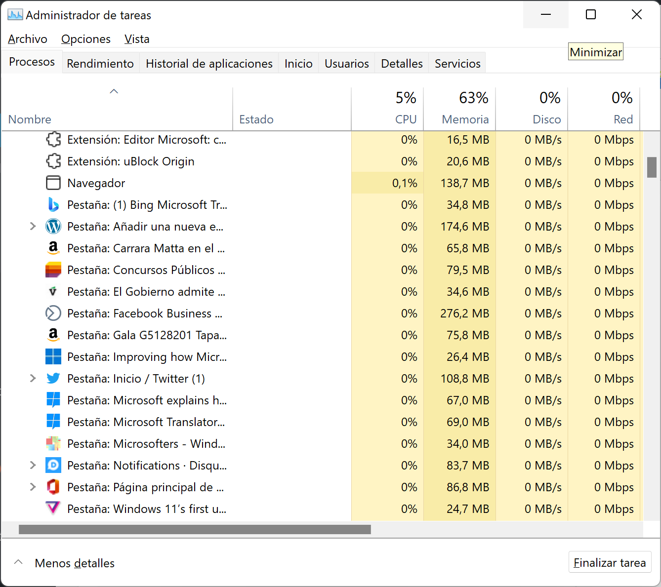 Microsoft Edge details the processes in Task Manager
