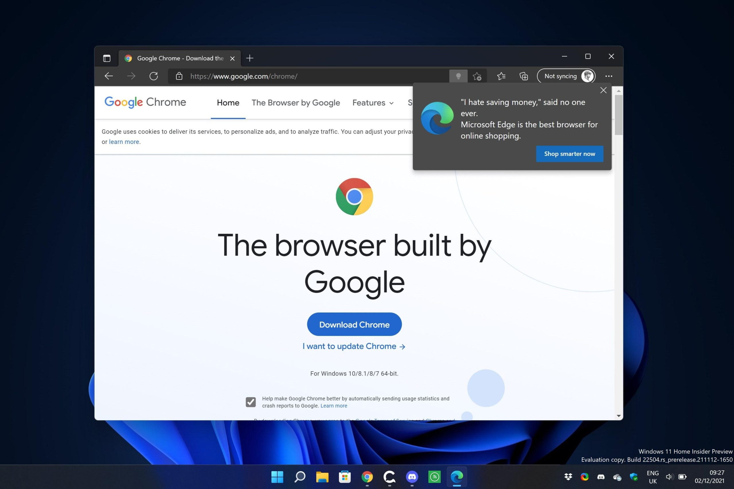 Un aviso de Microsoft Edge, para evitar que descargues Chrome.