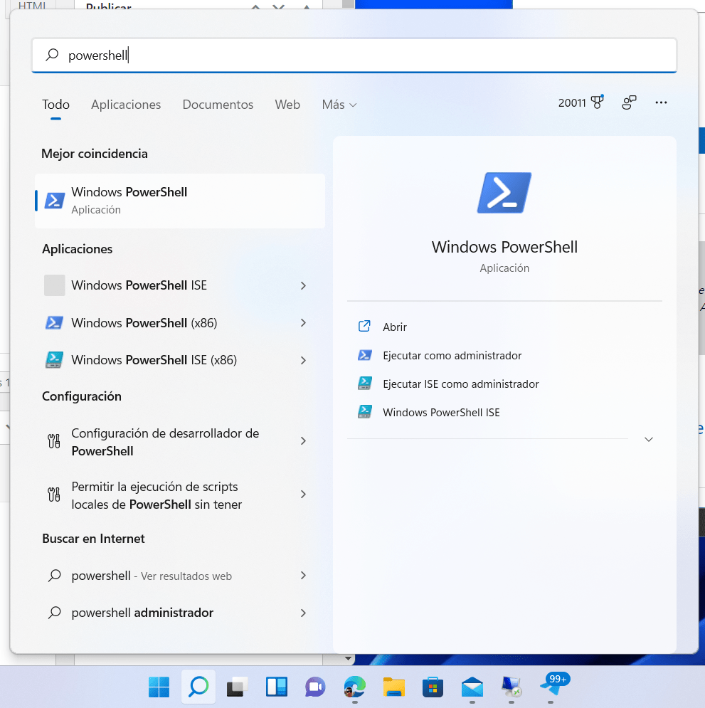 Buscando PowerShell desde la búsqueda de Windows 11