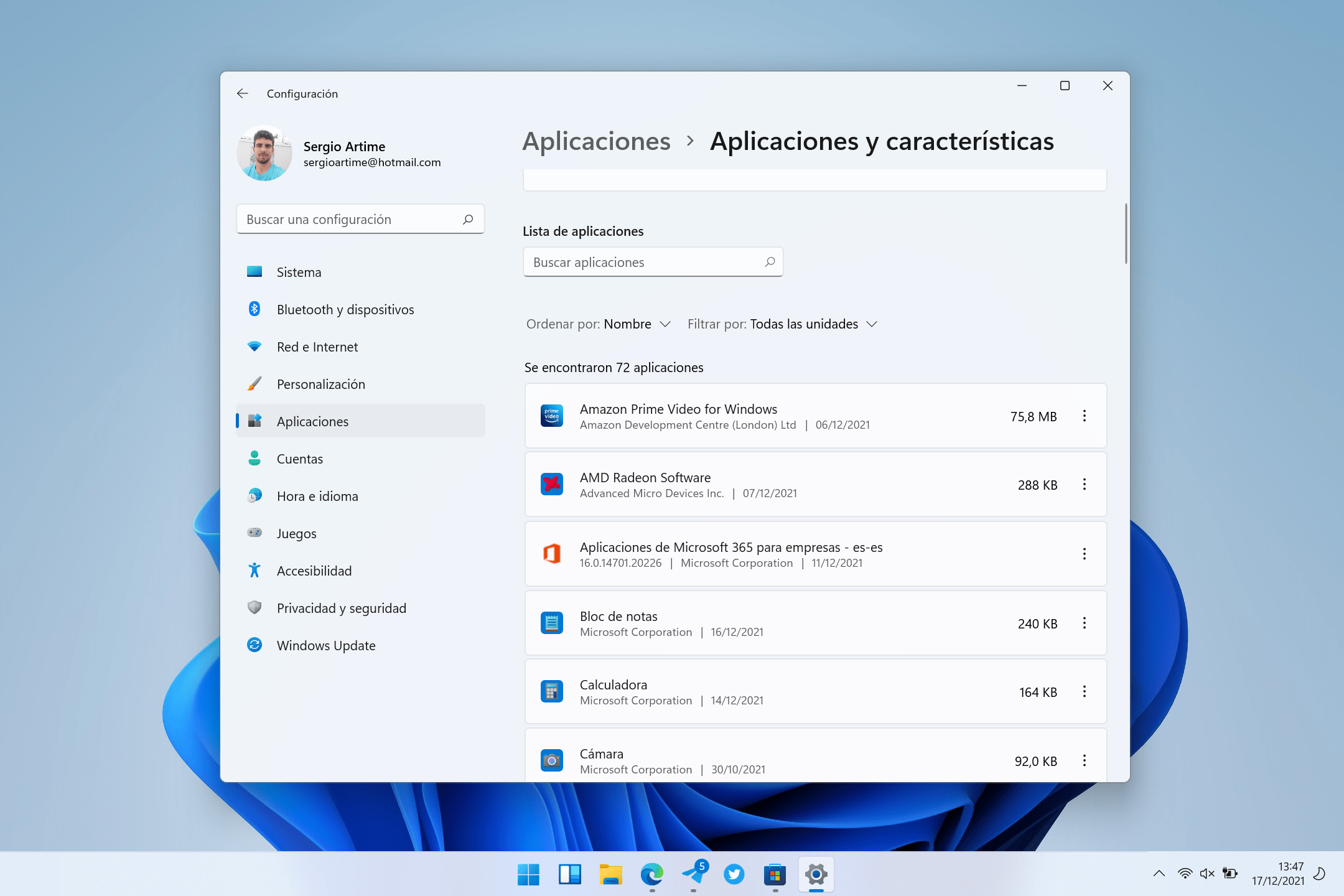 Apartado de aplicaciones en la app de Configuración de Windows 11