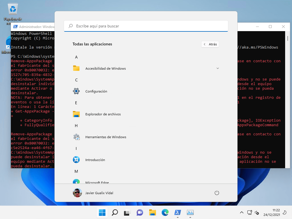 Menú Inicio de Windows 11 sin apps preinstaladas