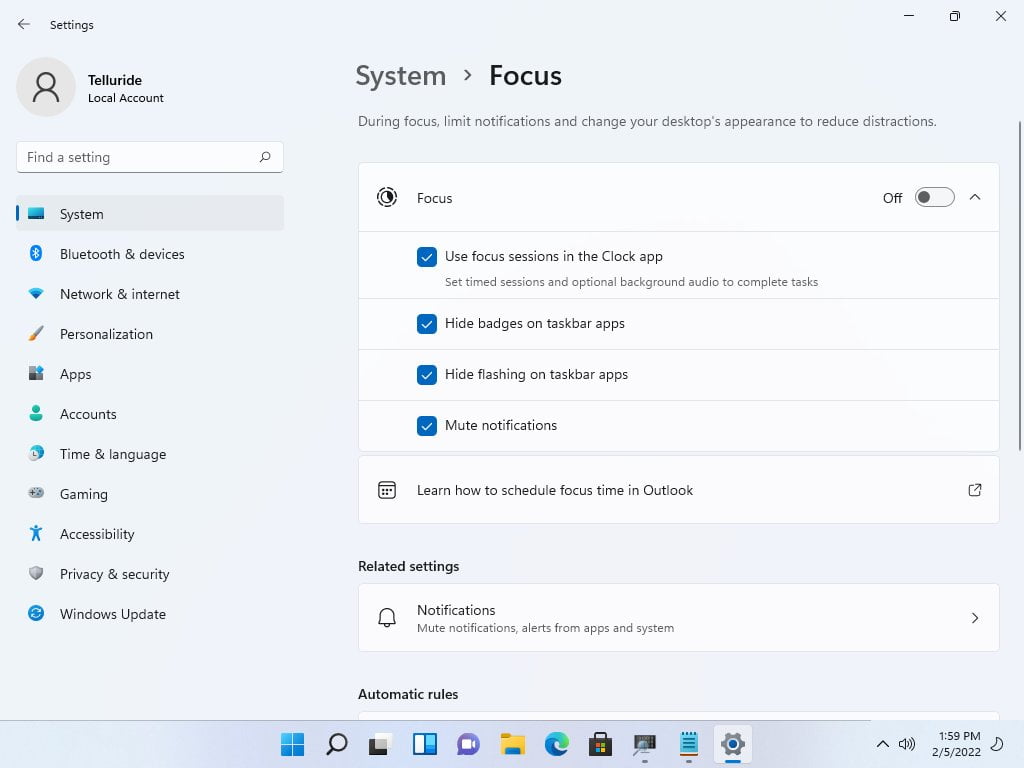 Nuevas opciones de configuración del asistente de concentración de Windows 11