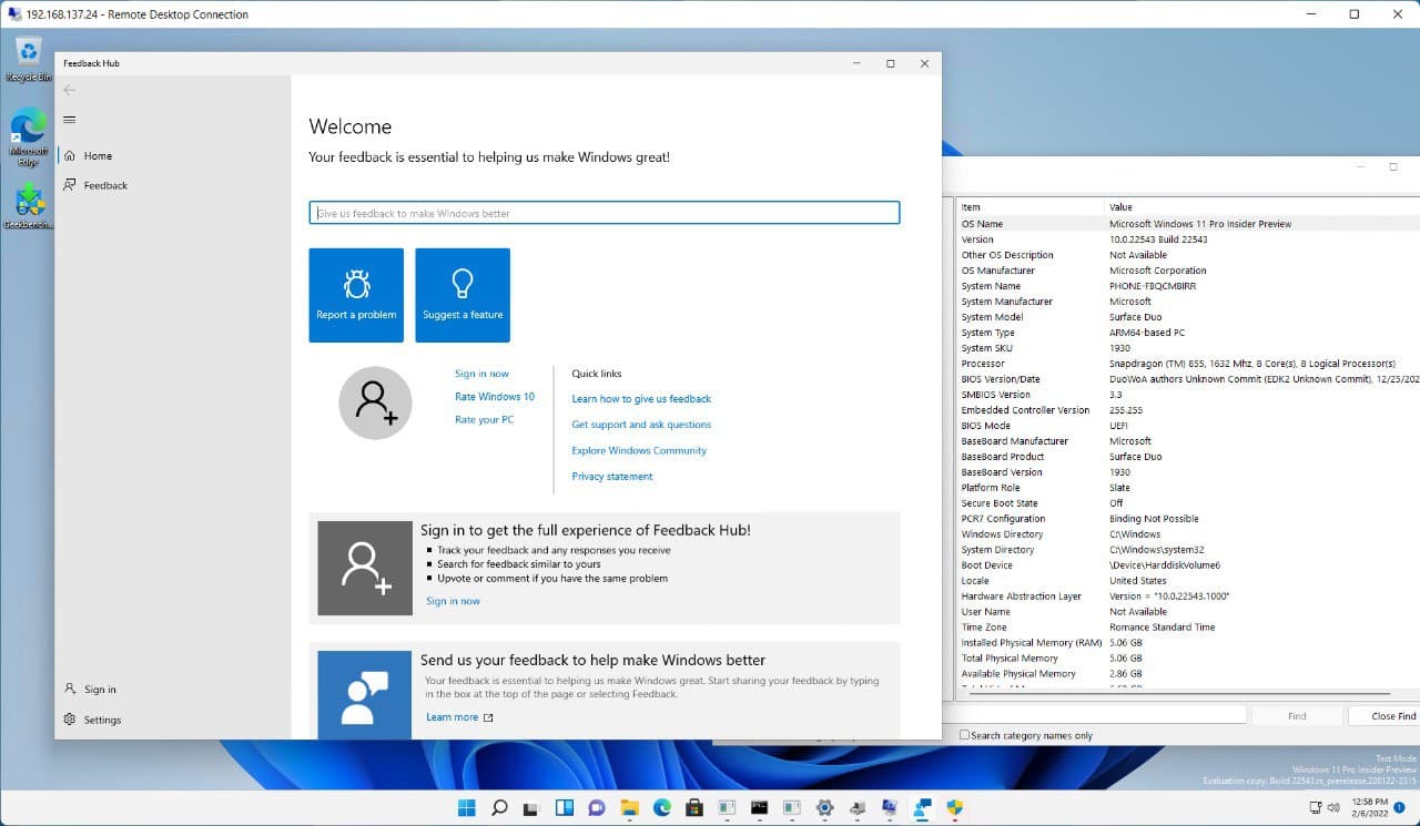 Windows 11 en la Surface Duo, a través de una sesión de escritorio remoto.