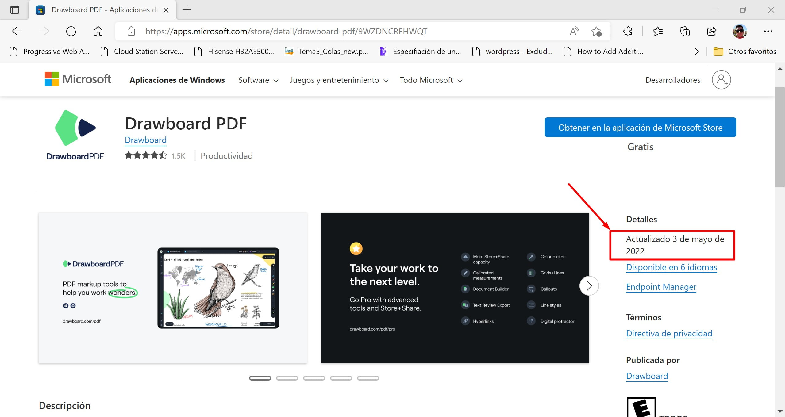 Microsoft Store en la web mostrando la fecha de última actualización de Drawboard PDF