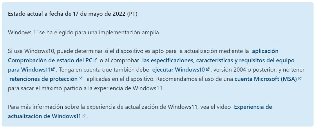 Portal de estado de lanzamiento de Windows 11 donde se ve que el sistema ya es apto para su despliegue masivo