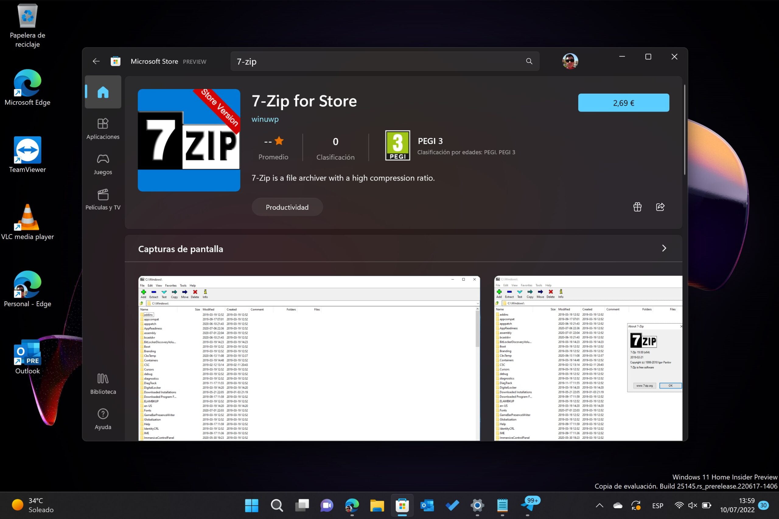 Versión de 7-Zip publicada en la Microsoft Store por un tercero a 2,69 euros