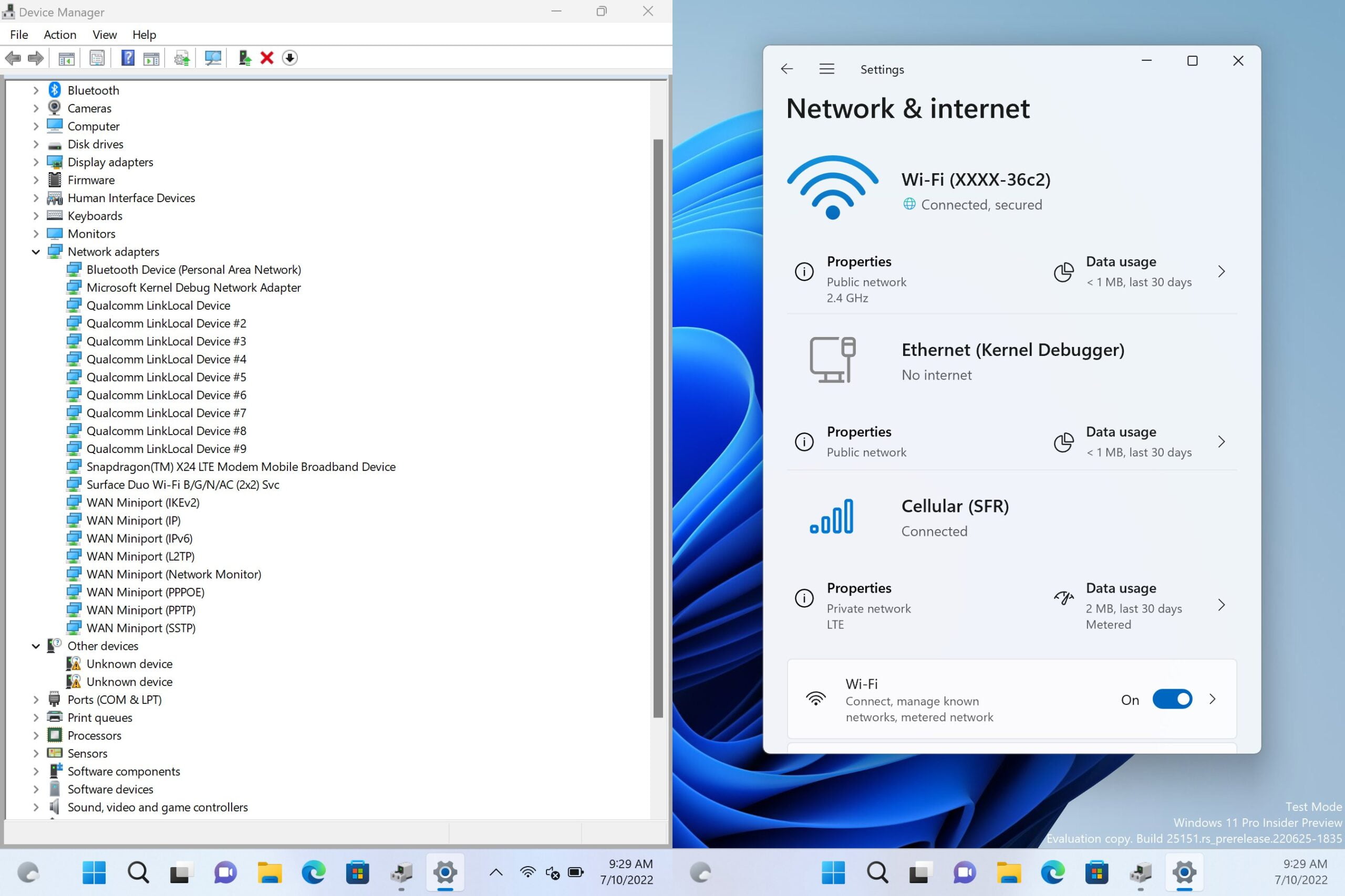Controlador de WiFi habilitado en Windows 11 sobre el Surface Duo
