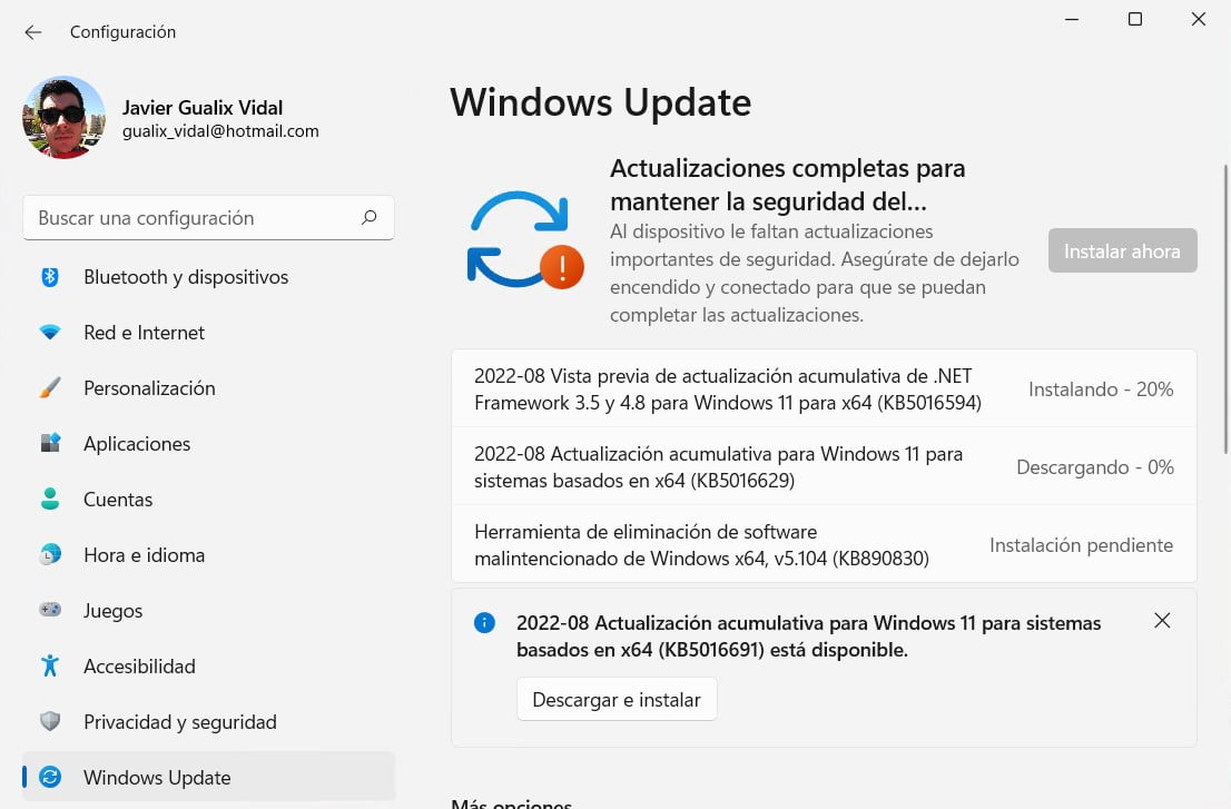 Windows Update ofrece la actualización KB5016691 desde la app de Configuración de Windows 11