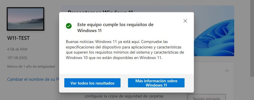 Mensaje de que el equipo cumple con los requisitos de Windows 11