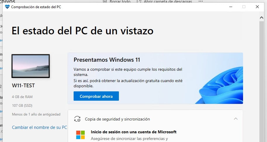 Ventana de la herramienta de Comproabción de estado del PC, donde podemos comprobar la compatibilidad con Windows 11